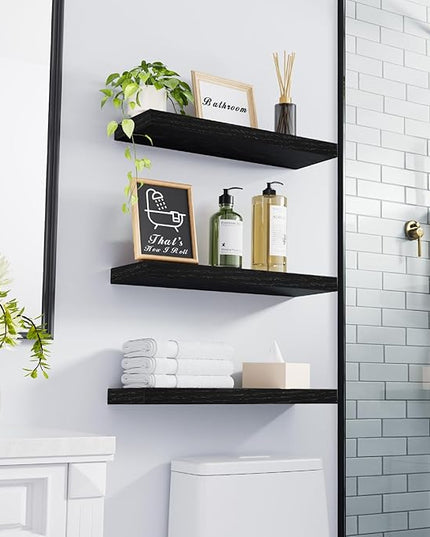 BAYKA Floating Shelves for Wall, Wall Mounted Rustic Wood Shelves for Bathroom, Bedroom, Living Room, Kitchen, Hanging Shelf for Books/Storage/Room Decor with 22lbs Capacity (Black, Set of 3, 15.7in)