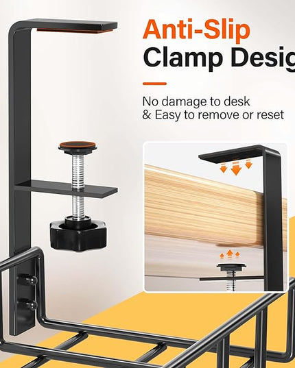 2 Pack Cable Management Under Desk Tray, 31.4" No Drill Under Desk Wire Management with Upgraded Clamp, Metal Cord Organizers for Desk with Cable Organizers, PC Cable Management Rack, Black