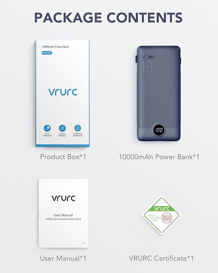 VRURC Portable Charger Built-in Cables and AC Wall Plug, USB C Power Bank 10000mAh, Travel Battery Portable Phone Charger Compact Lightweight External Battery Pack for Smart Phones, Tablets etc-Navy