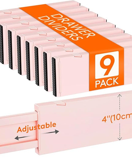 Lifewit 9 Pack Drawer Dividers 4" High, 11-17" Adjustable Drawer Organizers for Clothes, Expandable Dresser Separators in Bedroom/Bathroom/Kitchen/Fridge/Office Organization and Storage, Pink