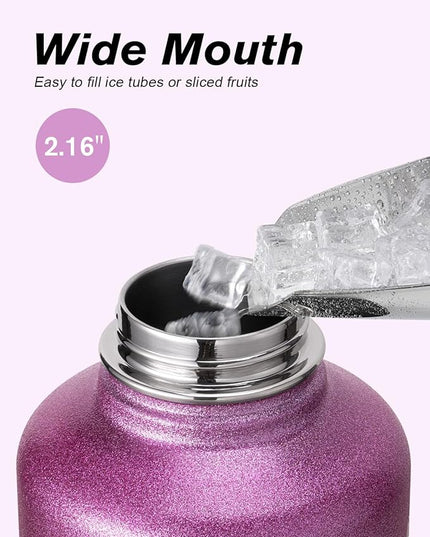 Coolflask Half Gallon Water Bottle Insulated with Straw & 3 Lids, 64 oz Water Jug Large Metal Stainless Steel Wide Mouth for Sports, Gym or Office, Non-BPA Keep Cold 48H Hot 24H, Glitter Pink