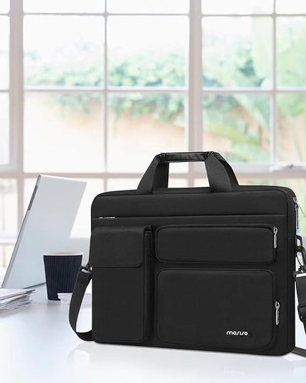 MOSISO Laptop Shoulder Bag 17.3 inch, 17-17.3 inch Computer Bag Compatible with Dell XPS/HP Pavilion/Ideapad/Acer/Alienware/HP Omen with 2 Raised&1 Flapover&1 Horizontal Pocket&Handle&Belt, Black