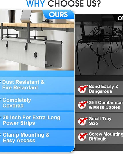 Under Desk Cable Management Tray, 30-inch No-Drill Cord Organizer with Anti-Sag Reinforced Base, Fabric Wire Management Hider for Standing Desk, Office & Gaming Accessories - Grey