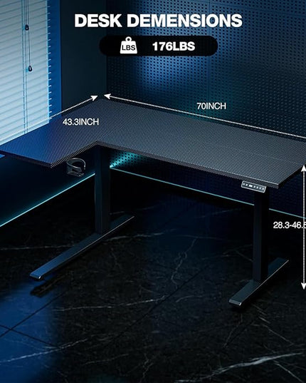 Muvai 71 Inch L Shaped Standing Desk Adjustable Height with Cable Management Tray,Gaming Electric Corner Standing Desk, Sit Stand Computer Table with Reversiable Splice Board, Black Carbon
