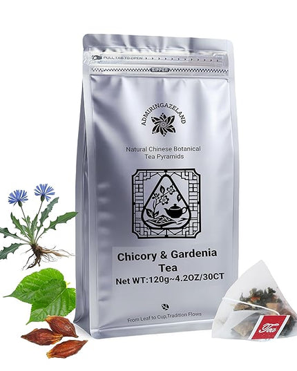 ADMIRINGAZELAND Chicory & Gardenia Tea with Mulberry Leaf, 30 Count - Pyramid Teabags, 6 Ingredients - Lily Bulb, Poria, Kudzu Root - Chinese Herbal Blend, Night Harmony Tea, 4.2 oz