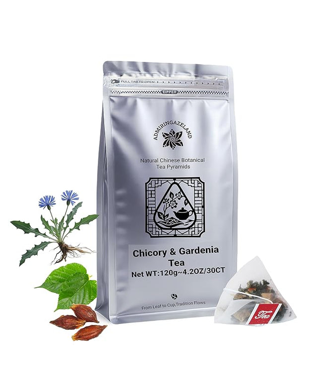 ADMIRINGAZELAND Chicory & Gardenia Tea with Mulberry Leaf, 30 Count - Pyramid Teabags, 6 Ingredients - Lily Bulb, Poria, Kudzu Root - Chinese Herbal Blend, Night Harmony Tea, 4.2 oz