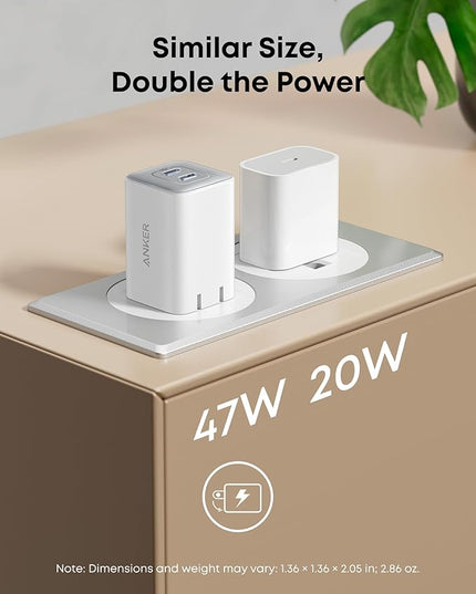 Anker Nano 47W USB C Charger, 2 Port Compact Foldable GaN Charger for iPhone 17 / 16, Galaxy, Pixel, Compatible with MagSafe (White)