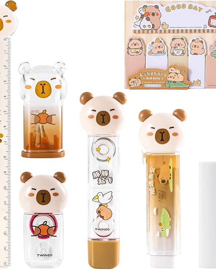 Kogcmeetl 7Pcs Cute Capybara Stationary Set Kawaii School Supplies Japanese Stationery, Includes Pencil Sharpener, Eraser, Correction Tape, Glue Tape, Sticky Notes, Ruler, for Office School Supplies