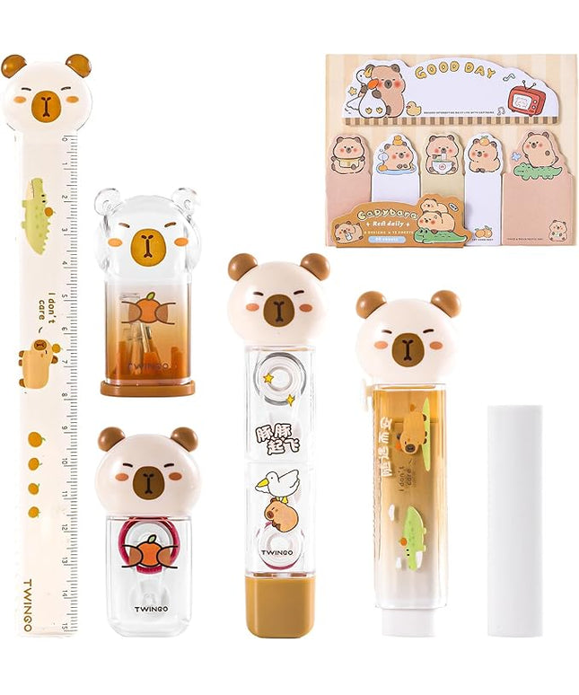 Kogcmeetl 7Pcs Cute Capybara Stationary Set Kawaii School Supplies Japanese Stationery, Includes Pencil Sharpener, Eraser, Correction Tape, Glue Tape, Sticky Notes, Ruler, for Office School Supplies