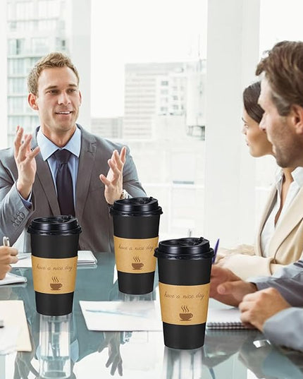 Lamosi 20 oz Disposable Coffee Cups with Lids 50 Pack, Hot Paper To Go Cups with Lids, Stir Sticks and Sleeves, for Home, Travel, Office