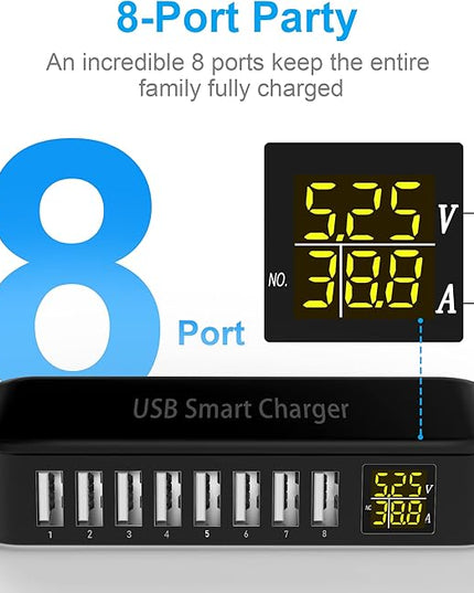 USB Charging Station, Ziwodiv 8-Port 60W/12A USB Charger Station, Multi Ports USB-A Charging Hub with LED Display, Compact Desktop Charger for Multiple Devices, iPhone iPad Samsung Android and Tablet