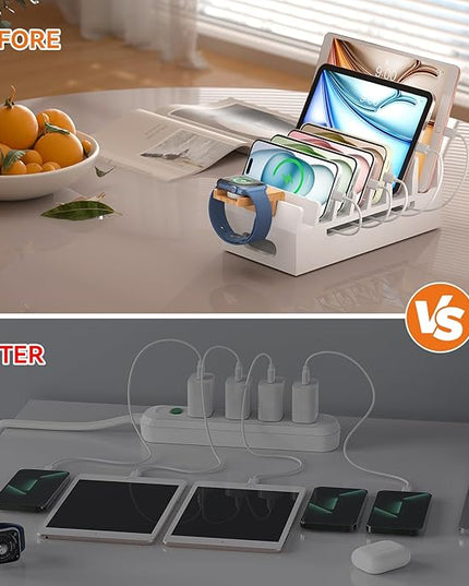 Pezin & Hulin Bamboo Charging Station with Watch Stand, Docking Holder for Multi Device with 5 Charge Cables, Desktop Dock Stations Electronic Organizer for Cellphone, Tablet, Watch-White