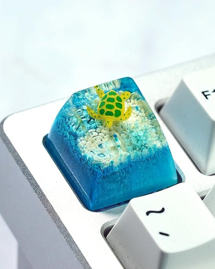 Sea Turtle Artisan Keycap Light Blue and White Coral R1 SA Profile Custom Sea Creatures Keycaps 1U ESC Handmade Gaming Resin Key Cap Cherry MX Switch Compatible Mechanical Keyboard Turtle Lover Gift