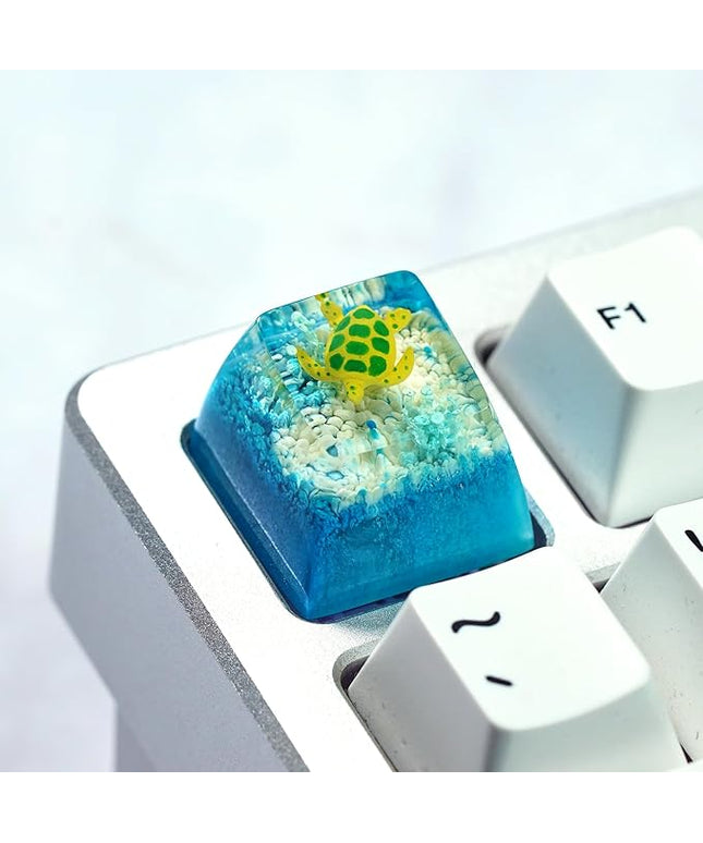 Sea Turtle Artisan Keycap Light Blue and White Coral R1 SA Profile Custom Sea Creatures Keycaps 1U ESC Handmade Gaming Resin Key Cap Cherry MX Switch Compatible Mechanical Keyboard Turtle Lover Gift