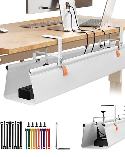 No Drill Under Desk Cable Management Tray, 28" Cord Organizer with Clamp, Fabric Cable Management for Standing Desks, Ideal for Home & Office - White