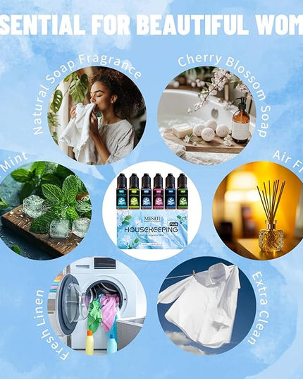 MISIJI Housekeeping Essential Oils Set for Diffuser,Pure Aromatherapy Oil for Diffuser,Candle Making,Natural Soap Scent,Cherry Blossom Soap,Fresh Mint,Fresh Linen,Air Freshener,Extra Clean