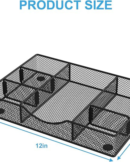 Desk Drawer Organizer Tray, Metal Mesh Drawer Organizers Office, 6 Adjustable Compartment, Desk Organizer Tray for Home Office 12 x 8.26 x 1.96 inch, Black, 1 Pack