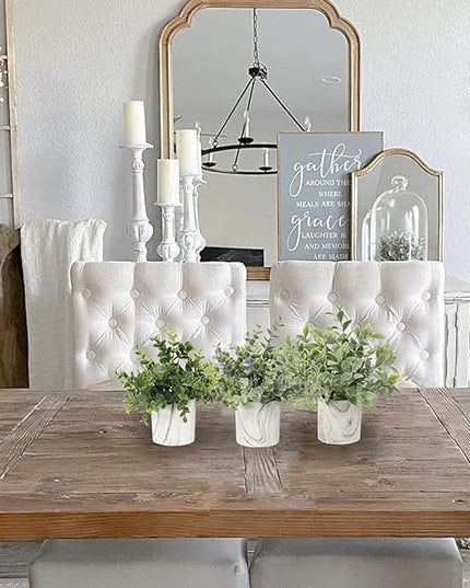 Hollyone Mini Artificial Potted Plants Fake Plants in Marble Pots, 3Pcs Plastic Eucalyptus Greenery Faux Plants for Home Office Desk Room Centerpiece Shelf Décor