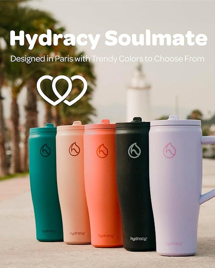 Hydracy Soulmate 40 oz Tumbler with Handle and Flip Straw - 100% Leakproof Reusable Insulated Cup with Stainless Steel Straw - Cupholder Friendly Rubber Base Travel Mug - Cafe Creme