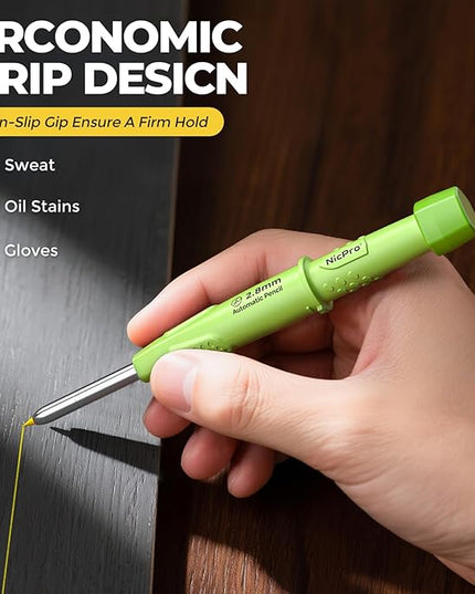 Nicpro CP3000 Carpenter Pencil with Sharpener, 2.8 mm Mechanical Pencils with 19 Refills, Deep Hole Marker for Construction, Heavy Duty Woodworking Pencil, Carpenter Tools for Architect Marking(Green)