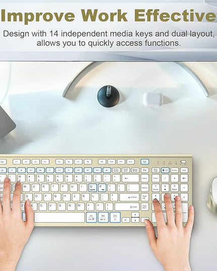 Wireless Keyboard and Mouse, USB Type C Rechargeable Slim Silent Keyboard Mouse, Compact Full-Size Keyboard with Number Pad and Cover for Windows, macOS, PC/Computer/Laptop - Gold