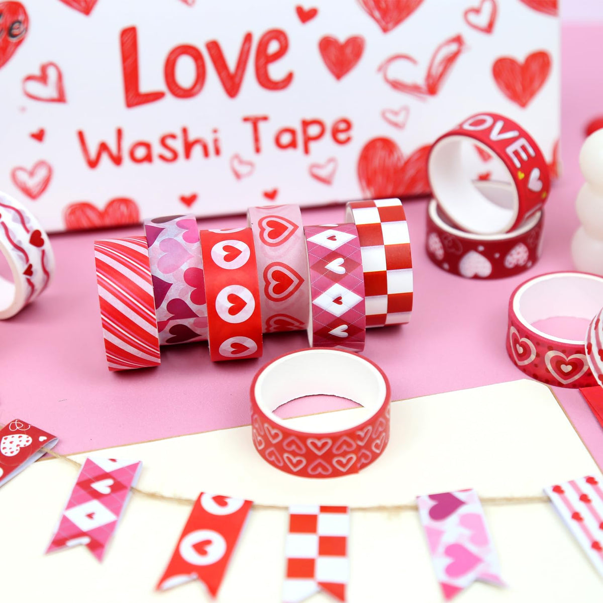 NIKOMIE 12 Rolls Love Heart Washi Tape Set, Pink Red Decorative Tape Valentine Stripe Dots Masking Tape for Journaling Supplies,Wedding Party,Junk Journal, Scrapbooking, Planner, DIY Arts & Crafts