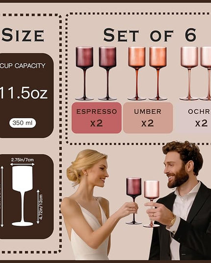Melanin Colored Square Wine Glasses Set of 6, Elegant Ribbed Design Amber Crystal Glassware with Long Stem, 11.5oz Hand Blown Red & White Wine Stemware For Home Bar Deco,Party,Wine Dinner- Multicolour