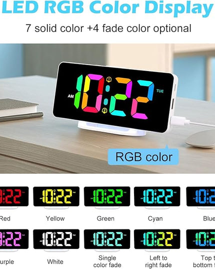 ALANAS RGB Digital Alarm Clock, Color Changing Mood Light with 10 Colors, Dual Alarm with Snooze, Dimmable Display, USB Charger, Adjustable Volume, Plug in, Bedroom Desk Clock for Teens, Adults
