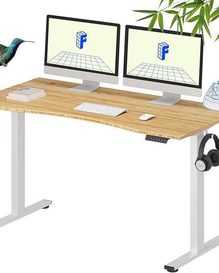 FLEXISPOT EN1 Bamboo Standing Desk, 55 x 28 Inches Whole-Piece Electric Adjustable Height Sit Stand Desk for Home Office (White Frame + Bamboo Curved Desktop, 2 Packages)