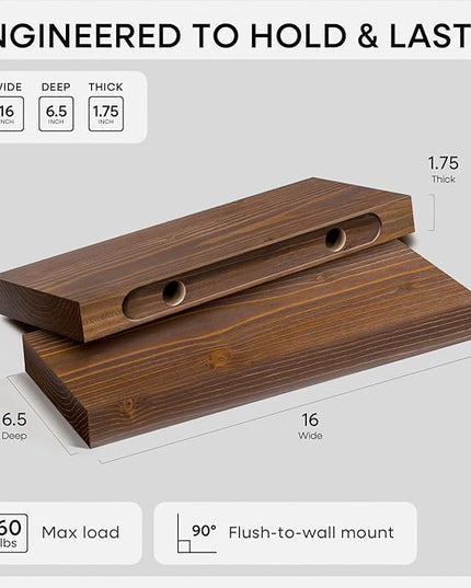 Homeforia Classic Walnut 16 inch Floating Shelf, High End Solid Real Wood Small 16inch Floating Shelves for Wall Mounted, 16in Floating Shelves, Heavy Duty Bracket, 16 X 6.5 X 1.75 inches, Set of 3
