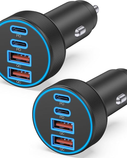 [2-Pack] Car Charger USB C, 4 in 1 90W Fast Charging 4-Port Dual 45W USBC & USB A Phone Car Charger Cargador Carro Lighter Adapter for iPhone 17 16 15 14 13 12 Pro Max, iPad, Galaxy, Tablet, Android