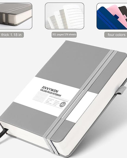 Lined Journal Notebook for Women Men, 352 Pages A5(5.7" x 8.3")College Ruled Hardcover Leather Journals for Writing, Daily Journal Notebooks for Work, Note Taking, Travel, School, Business (Gray)