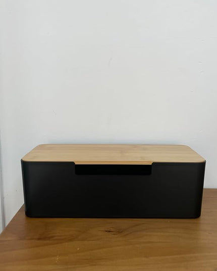 BUYSK ABS Cord Organizer Box with Wooden Lid, Cable Management Box for Power Strips or Surge Protectors, Desk Cable Tidy Box for Office Home(Black)