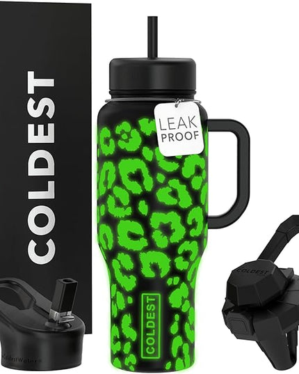 Coldest Tumbler with Handle and Straw, 100% Leak Proof Insulated Tumbler with Lid and Straw (3 Lids), Stainless Steel Tumblers for Women & Men, Cup Holder Friendly, 36 oz (Glowie Leopard)