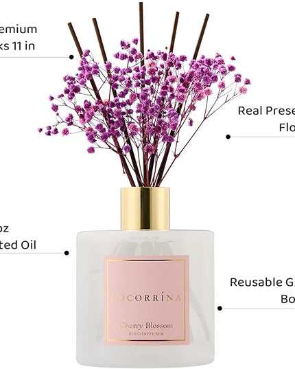 COCORRÍNA Reed Diffuser - Cherry Blossom 17 Fl.oz Reed Diffuser with 8 Sticks Scented Diffuser with Preserved Flowers for Bathroom Home Decor