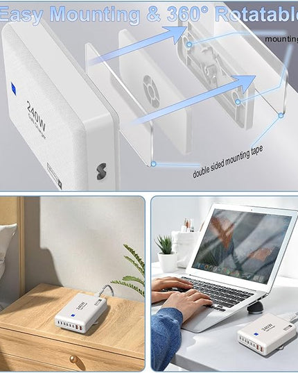 240W Fast Charging Blocks, 8-Port Charging Station for iPhone/Ipad/MacBook, 6C2A PD GaN Charger Box, USB Tower Hub 5ft Braided Power Cord with On/Off Switch, Flat Plug, Travel Essentials