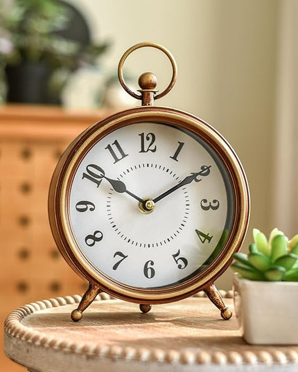MACVAD EMAX Home Vintage Small Table Clock on Stand,Desk and Shelf Clock Decorative Farmhouse Mantel Non-Ticking Clock Rustic Metal Frame with Antique Gold Finish 9.3 Inch…