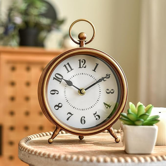 MACVAD EMAX Home Vintage Small Table Clock on Stand,Desk and Shelf Clock Decorative Farmhouse Mantel Non-Ticking Clock Rustic Metal Frame with Antique Gold Finish 9.3 Inch…