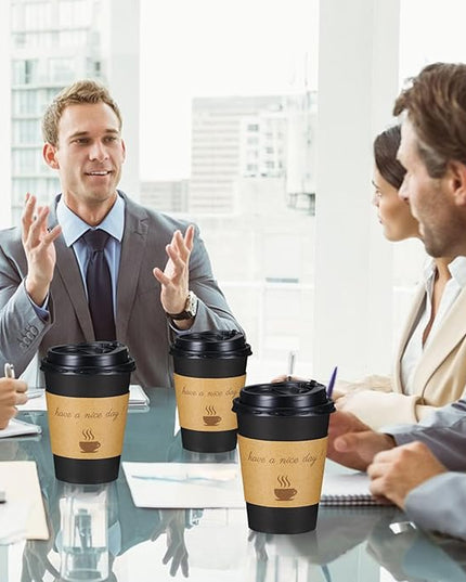 Lamosi 12 oz Coffee Cups with Lids 100 Pack, 12 oz Disposable Coffee Cup with Stir Sticks and Sleeves, To Go Hot Paper Cup for Home, Travel, Office