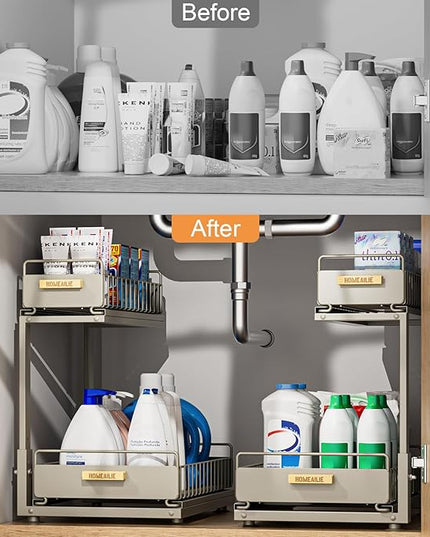 Under Sink Organizer, High Adjustable 2 Tier Under Kitchen Sink Organizer, Multi-Purpose Storage Shelf for Kitchen Bathroom Cabinet, Gray