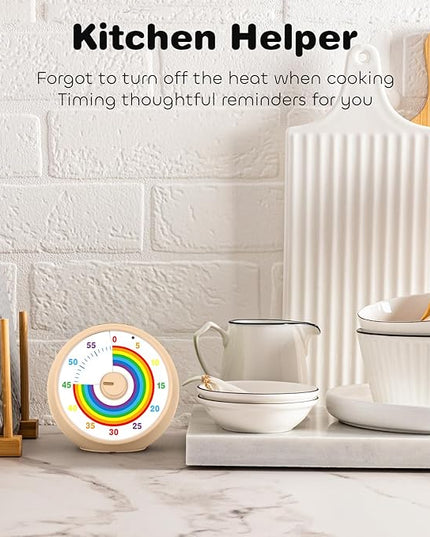 Visual Timer for Kids, 60-Minute Countdown Timer for Classroom Office Kitchen, Desk Timer Kids Time Management Tools with Silent Operation, Pomodoro Time Rainbow Pattern(Khaki)