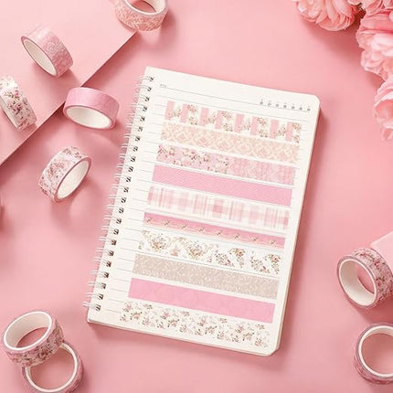 YooNotee 12 Rolls Watercolor Floral Washi Tape Set 15 mm Vintage Flower Decorative Masking Tape for Arts DIY Craft Scrapbook Envelope Party Supplies Gift Wrapping(Pastel Pink,Tea Party)