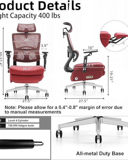 Dual-Motor Home Office Chair with Lumber Support, Reclining Mesh Chair with Footrest, 3D Headrest & 6D Armrests, Reclining Big and Tall 400LBS,Adjustable Back High（Red