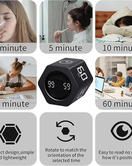 Productivity Timer Flip Gravity Sensor Pomodoro Cube Timer Countdown & Countup,1/5/10/30/60min Preset & Custom Timing, Mute/Vibrate/Sound for ADHD,Work,Study,Kitchen(1, Black Hexagon)