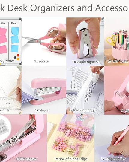 suniya Office Supplies,Desk Accessories,with Stapler,Tape Dispenser,Staple Remover,Scissor,Ballpoint Pen,Sticky Notes,Clear Tape,Staples,Desk Organizer,Ruler,Binder,Best Gift Set(Pink)