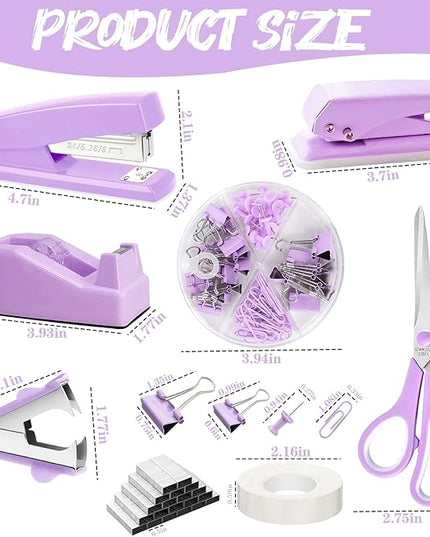 Purple Desk Accessories, 17Pcs Purple Office Supplies Set with Stapler, Mesh Desk Organizer, Tape Dispenser, Staple Remover, Pen Holder, Clips, Pens, Ruler, for Office Home School Women Students Gift