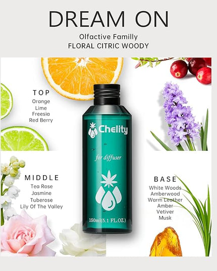 Chelity Hotel Diffuser Oil,5.1Fl Oz (150ml),Home Luxury Aroma & Hotel Fragrance Diffuser Oils-Hotel Diffuser Oil for Aromatherapy, Compatible with Waterless Ultrasonic Diffusers(5.1, Dream ON)