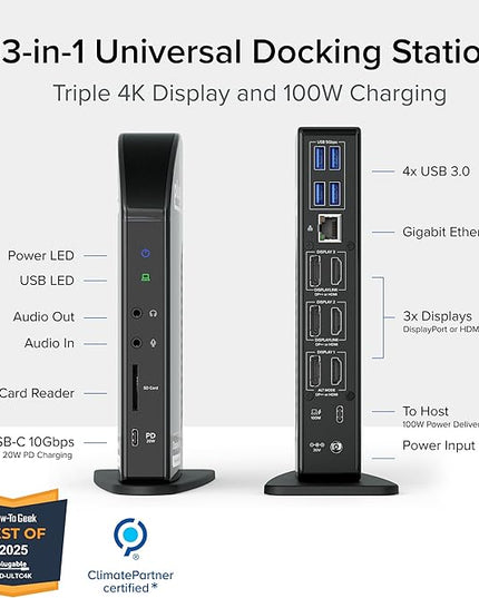 Plugable 13-in-1 USB C Docking Station 4K Triple Monitor with 100W Power Delivery | USB C Dock for Windows, Mac, ChromeOS, Thunderbolt | Driver Required | 3X HDMI and 3X DisplayPort (UD-ULTC4K)