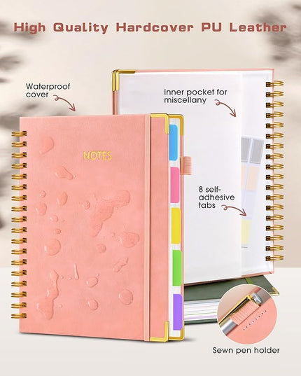 Hardcover Spiral Notebook Journal with Removable Dividers Tabs, 300 Pages Leather 5 Subject Notebook College Ruled, 8"x10" Large B5 Notebooks for Work School Note taking, Lined Journal for Women, Pink