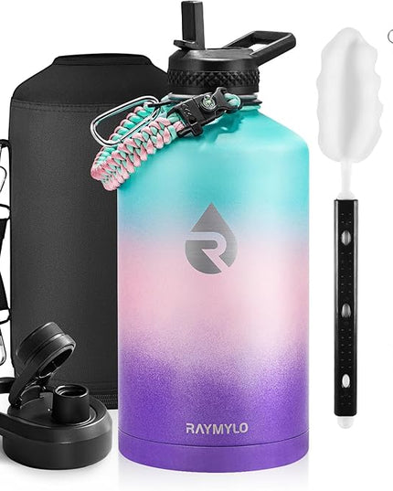 One Gallon Water Bottle Insulated, Triple Walled Vacuum Stainless Steel (Cold for 48 Hrs), Leak Proof & Non-BPA, Large Water Flask Jug with Paracord Handle & Straw Spout Lids